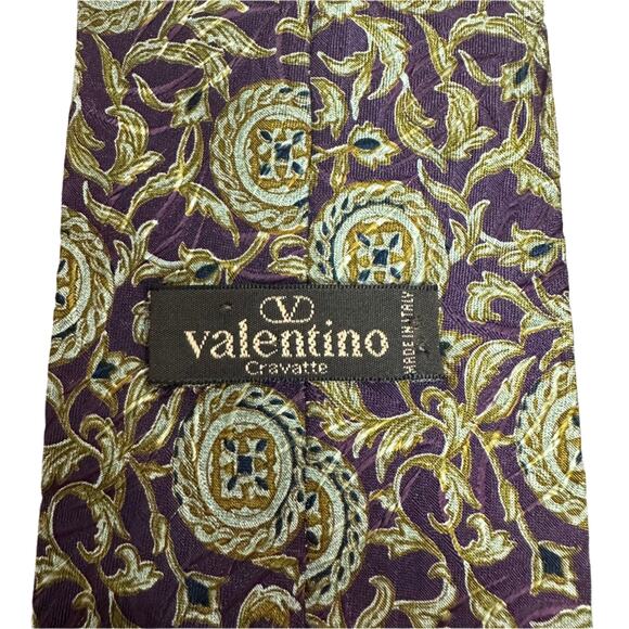 Vintage 80s Valentino Tie 100% silk Purple Green Brown Gold Paisley Floral - Picture 4 of 5